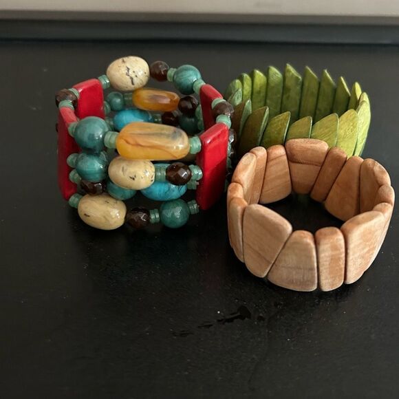 Lot 3 Expandble Bracelets Wood and Beads - Picture 1 of 6